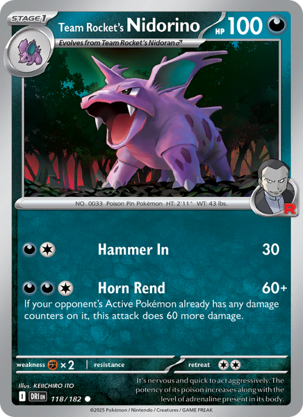 Team Rocket's Nidorino (118/182) Reverse Holo card image