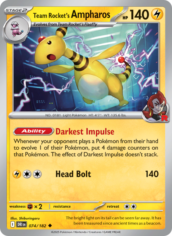 Team Rocket's Ampharos (074/182) Reverse Holo card image