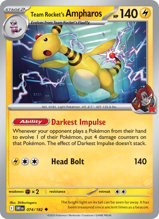 Team Rocket's Ampharos (074/182) Reverse Holo card image