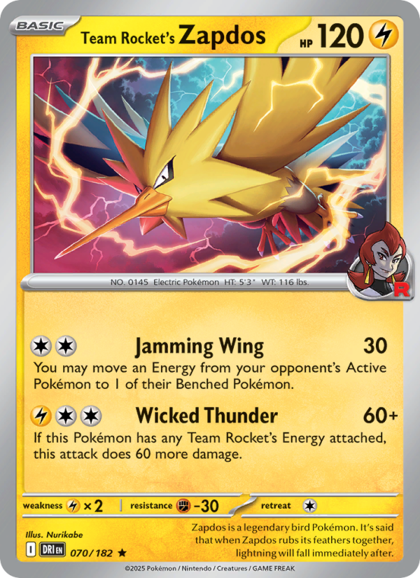Team Rocket's Zapdos (070/182) Reverse Holo card image
